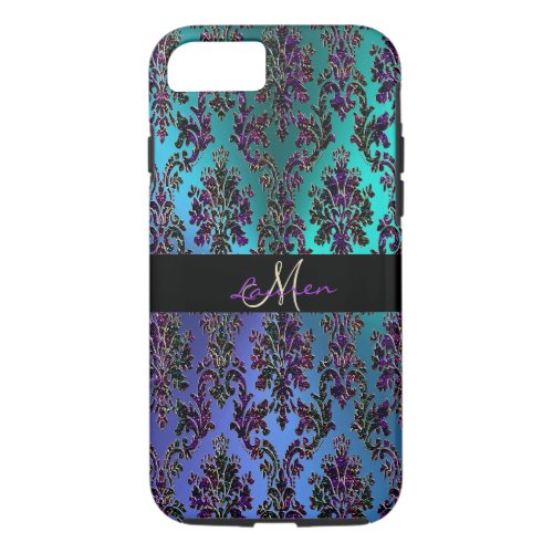 Cool Hued Metallic Vintage Modern Damask Monogram iPhone 87 Case