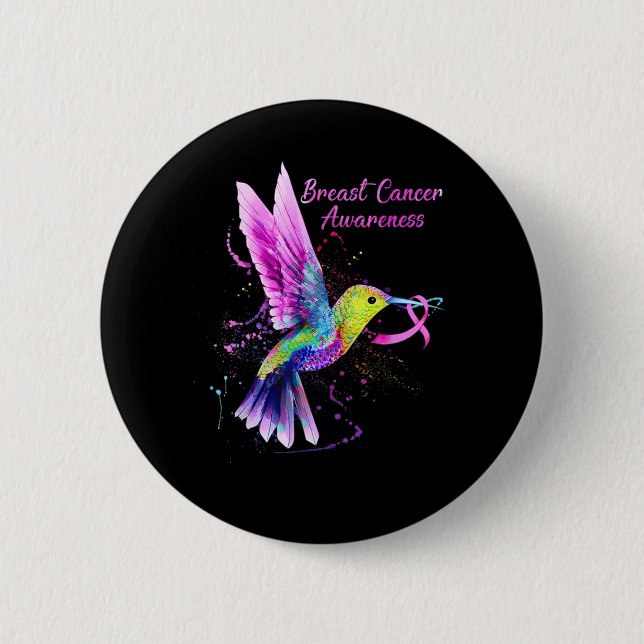Cool Hummingbird Holding Pink Ribbon Breast Cancer Button (Front)