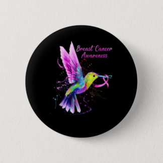 Cool Hummingbird Holding Pink Ribbon Breast Cancer Button