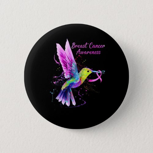 Cool Hummingbird Holding Pink Ribbon Breast Cancer Button