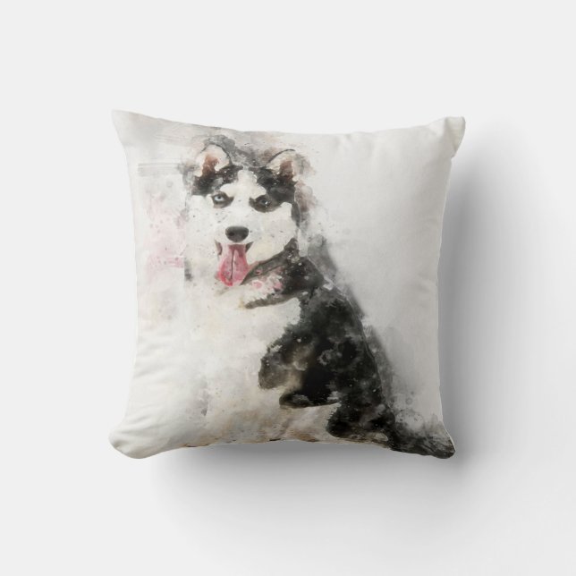 Cool Husky Dog Watercolor Gift Lovers Throw Pillow (Front)