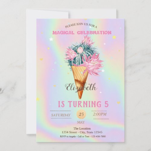 Cool Ice cream Cactus Holographic Birthday Invitation