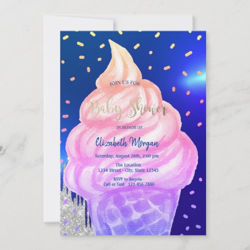 Cool Ice cream Cone Royal Blue Baby Shower Invitation