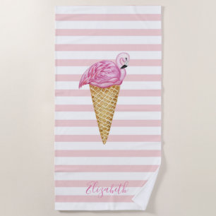 Cool Ice Cream Flamingo Pink Stripes Beach Towel