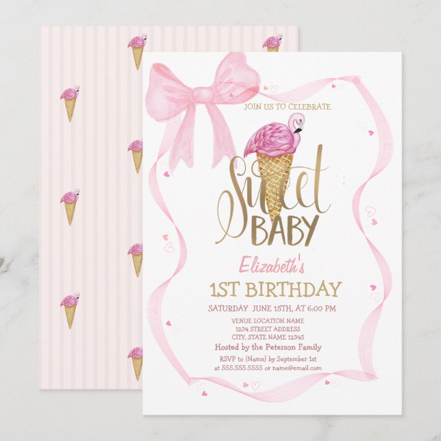 Cool Ice Cream Pink Flamingo Bow Striped Birthday  Invitation (Front/Back)
