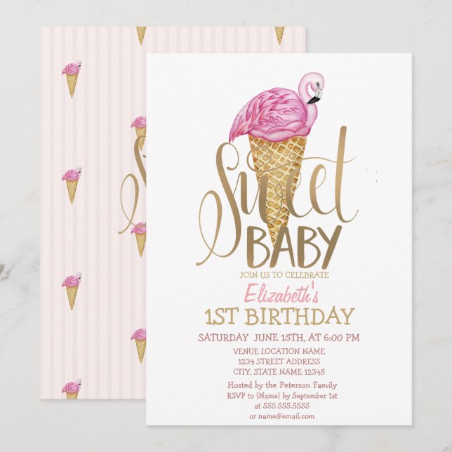 Cool Ice Cream Pink Flamingo Striped Birthday  Invitation (Front/Back)