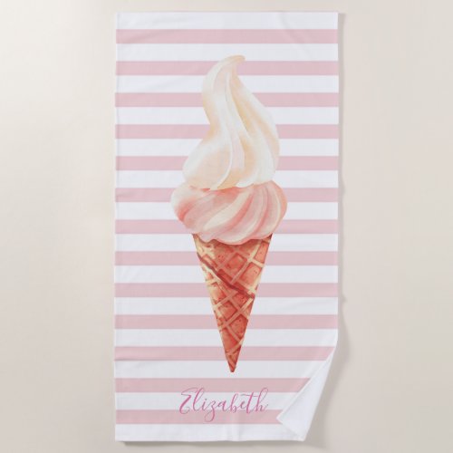 Cool Ice Cream Pink Stripes Beach Towel