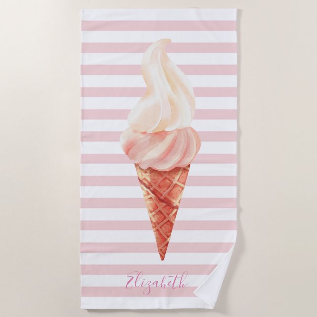 Cool Ice Cream Pink Stripes Beach Towel (Front)