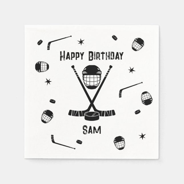 Cool Ice Hockey Black and White Birthday Party Napkins (Front)