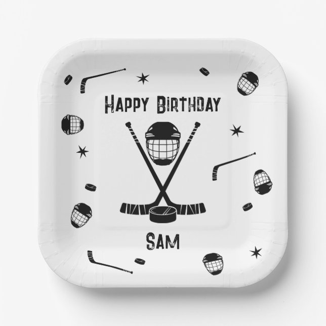 Cool Ice Hockey Black and White Birthday Party Paper Plates (Front)