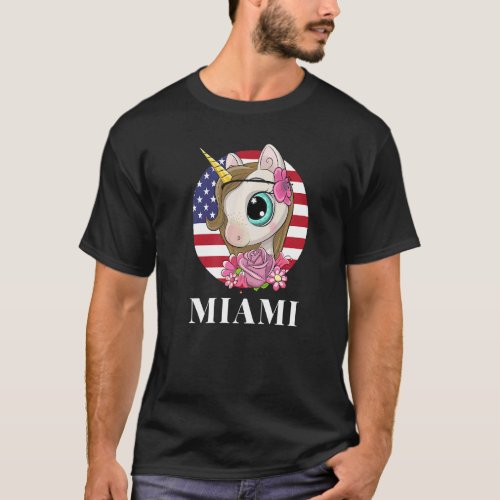 Cool Illustration Miami Fl Usa Unicorn Rainbow Squ T_Shirt