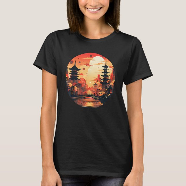 Cool Japan Town with red Sunset for Downtown sight T-Shirt (Front)