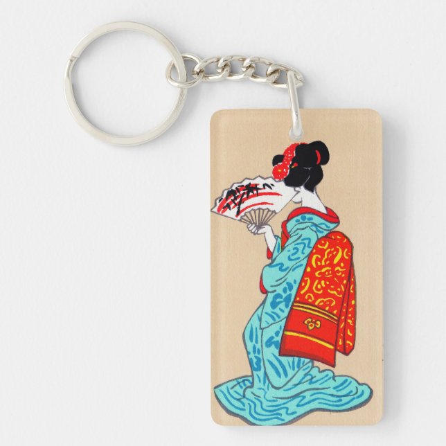 Cool japanese classic geisha lady kimono fan keychain (Front)