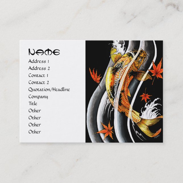 Cool japanese gold lucky koi carp black ink water business card (Front)