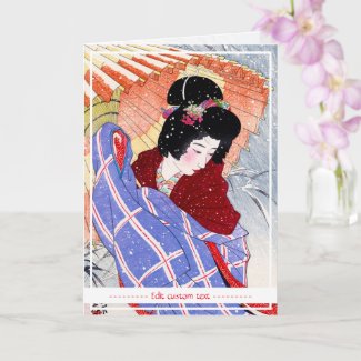 Cool japanese lady maiko geisha umbrella snow card