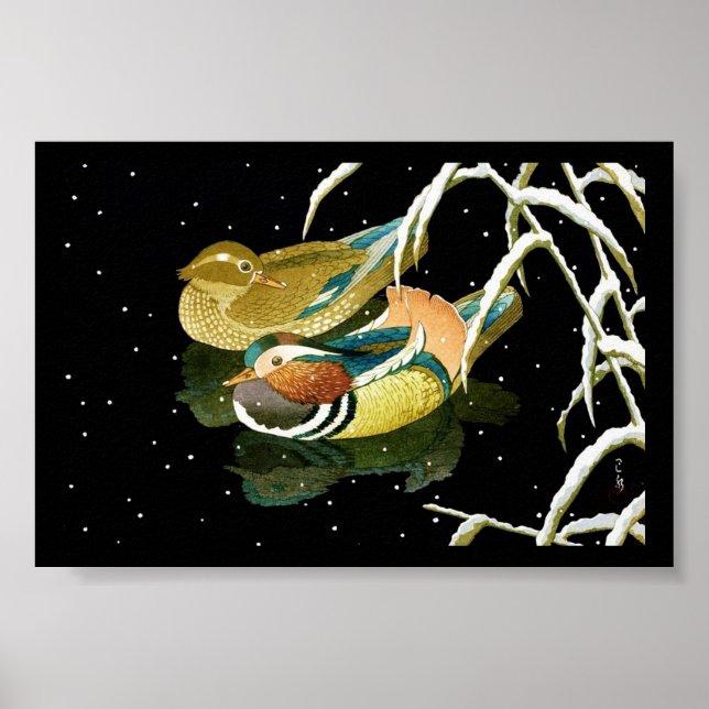 Cool japanese mandarina duck black pond snow poster (Front)
