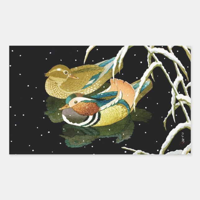 Cool japanese mandarina duck black pond snow rectangular sticker (Front)