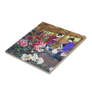 Cool japanese oriental flower garden people scene ceramic tile