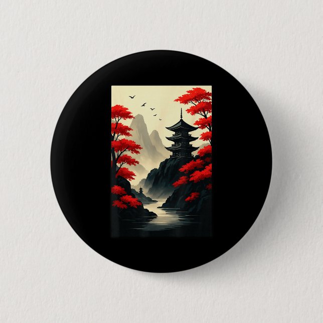 Cool Japanese Pagoda Castle Mountain Landscape Gra Button (Front)