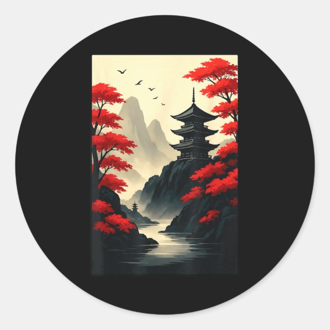 Cool Japanese Pagoda Castle Mountain Landscape Gra Classic Round Sticker (Front)