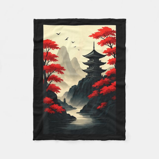 Cool Japanese Pagoda Castle Mountain Landscape Gra Fleece Blanket (Front)