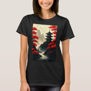 Cool Japanese Pagoda Castle Mountain Landscape Gra T-Shirt