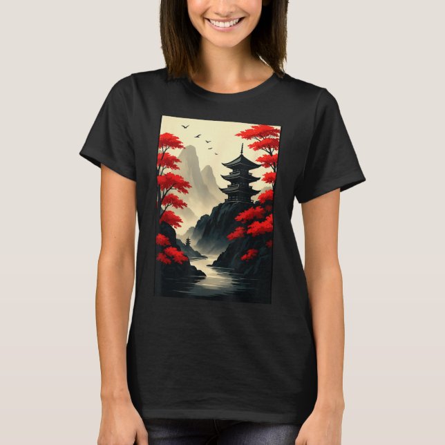 Cool Japanese Pagoda Castle Mountain Landscape Gra T-Shirt (Front)