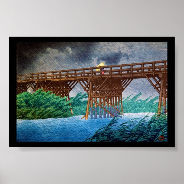 Cool japanese rain bridge river forest Kawase art Poster (Front)