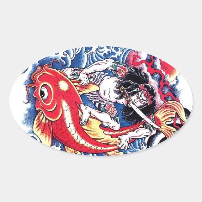 Cool Japanese Samurai Koi Carp red tattoo Oval Sticker (Front)