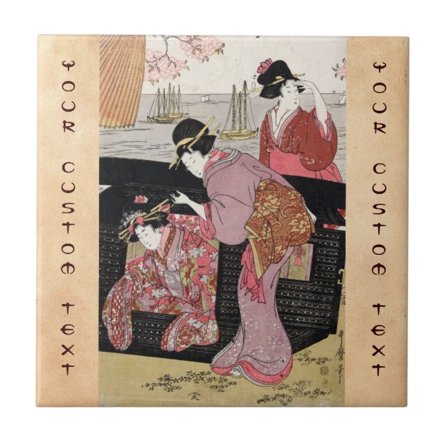 Cool japanese ukiyo-e trio geisha lady scroll ceramic tile (Front)