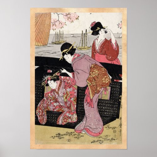 Cool japanese ukiyo_e trio geisha lady scroll poster
