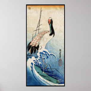 Cool japanese vintage ukiyo-e crane bird scroll poster