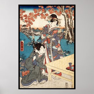 Cool japanese vintage ukiyo-e geisha old scroll poster