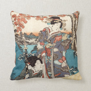 Cool japanese vintage ukiyo-e geisha old scroll throw pillow