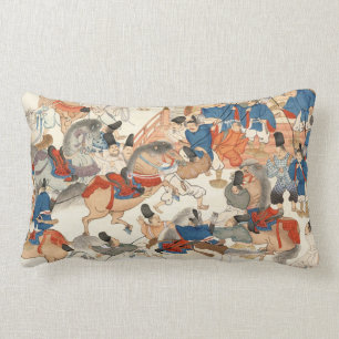 Cool japanese vintage ukiyo-e horse riders cavalry lumbar pillow