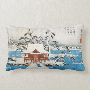 Cool japanese vintage ukiyo-e lake shrine snow lumbar pillow