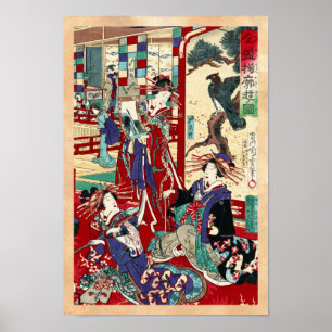 Cool japanese vintage ukiyo-e trio geisha scroll poster