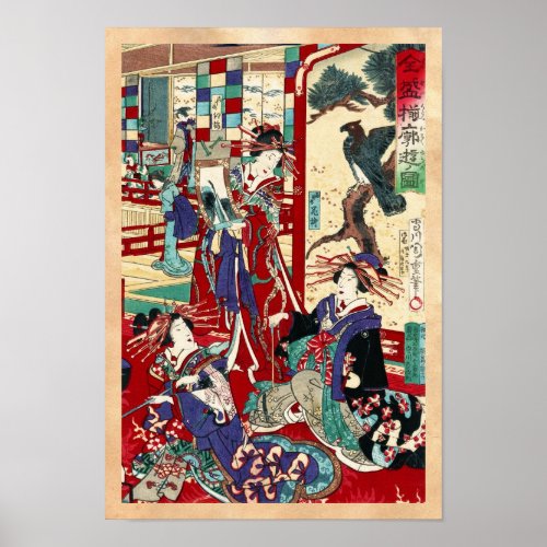 Cool japanese vintage ukiyo_e trio geisha scroll poster