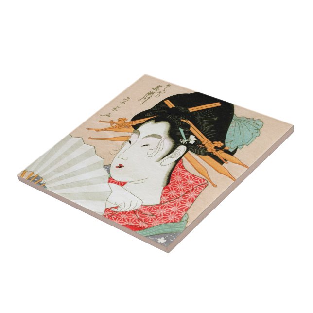 Cool japanese woodprint geisha with fan art ceramic tile (Side)