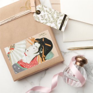 Cool japanese woodprint geisha with fan art rectangular sticker