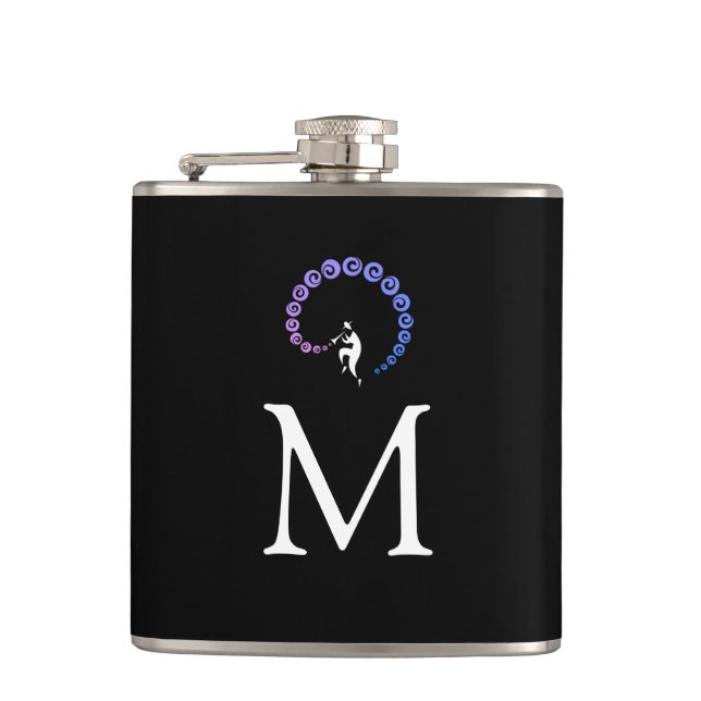 Cool Jazz Trumpet Musician Monogram Blue Lilac Flask (Front)