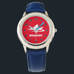 Cool jet fighter kid's watch with custom boys name<br><div class="desc">Cool jet fighter kid's watch with custom boys name. Personalized wrist watches for boys. Cute Holiday or Birthday gift idea for son, grandson, nephew, cousin, children etc. Blue and red dial design with aircraft and smart typography. Diameter around 33 mm. Blue or colored leather strap. Water resistant up to 3...</div>