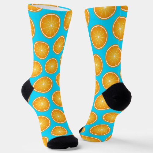 Cool Juicy Orange fruit slice pattern neon blue Socks