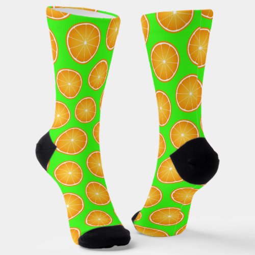 Cool Juicy Orange fruit slice pattern neon green Socks