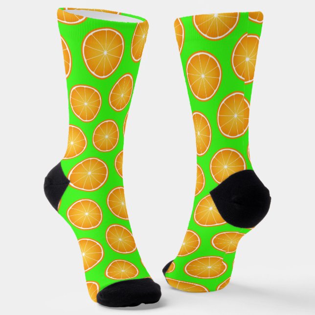 Cool Juicy Orange fruit slice pattern neon green Socks (Angled)