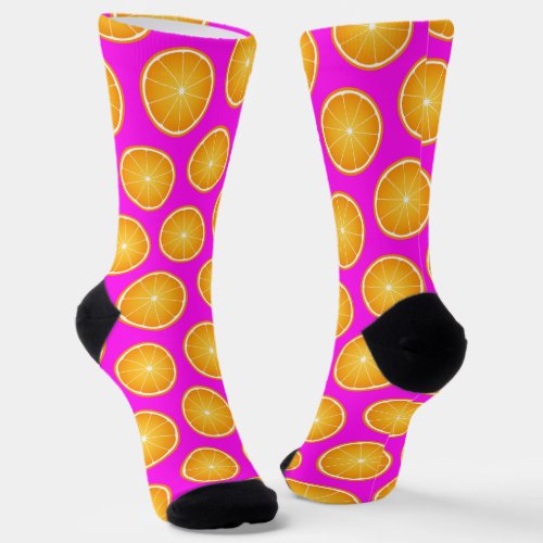 Cool Juicy Orange fruit slice pattern neon pink Socks