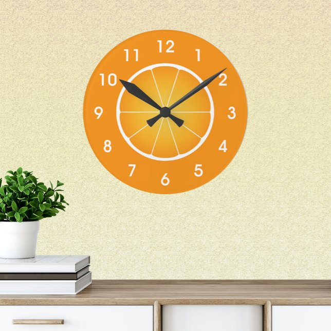 Cool Juicy Orange fruit slice with numbers Round Clock (Cool Juicy Orange fruit slice with numbers fun bright Wall Clock for every home. )