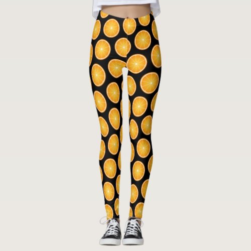 Cool Juicy Orange fruit slices pattern on black Leggings