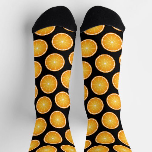 Cool Juicy Orange fruit slices pattern on black Socks