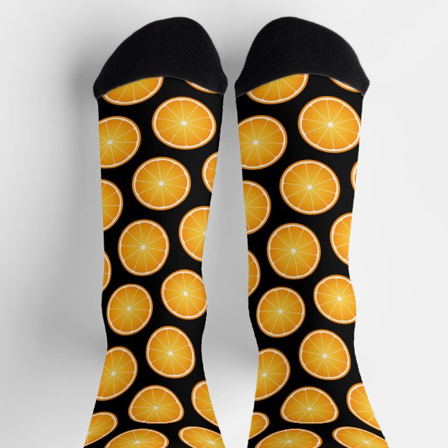 Cool Juicy Orange fruit slices pattern on black Socks (Top)